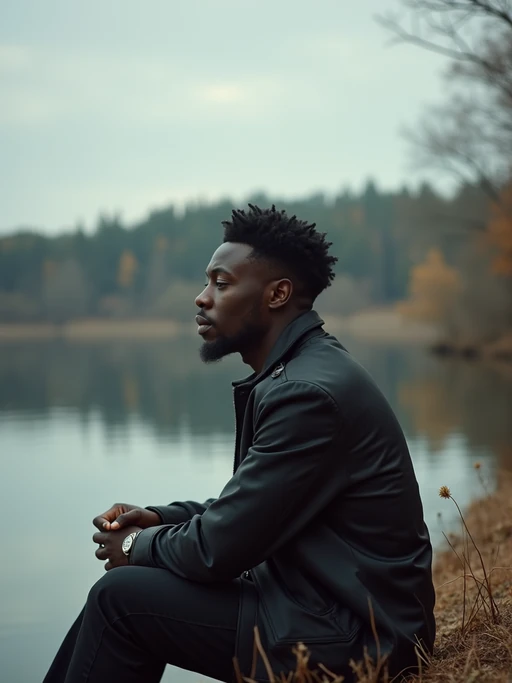 model in deep contemplation, sitting by a tranquil lake