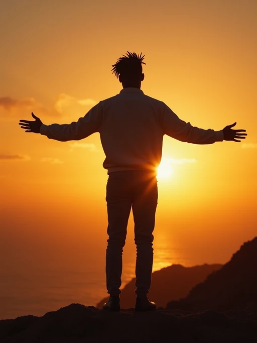 a spiritual seeker model standing with outstretched armsat sunrise