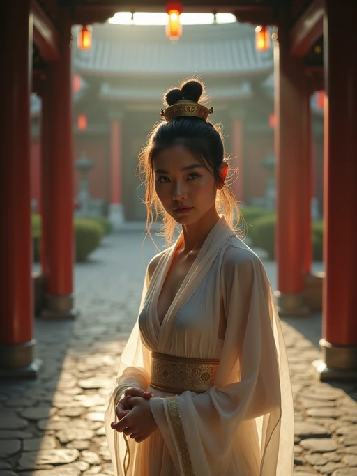 model in a serene temple or sacred space