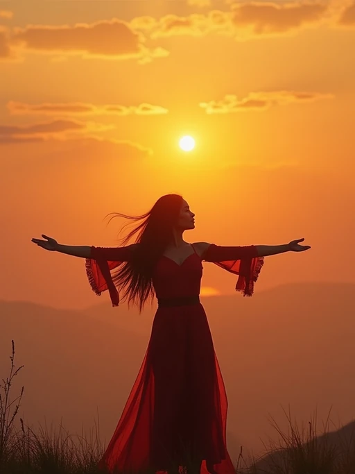 a spiritual seeker model standing with outstretched armsat sunrise
