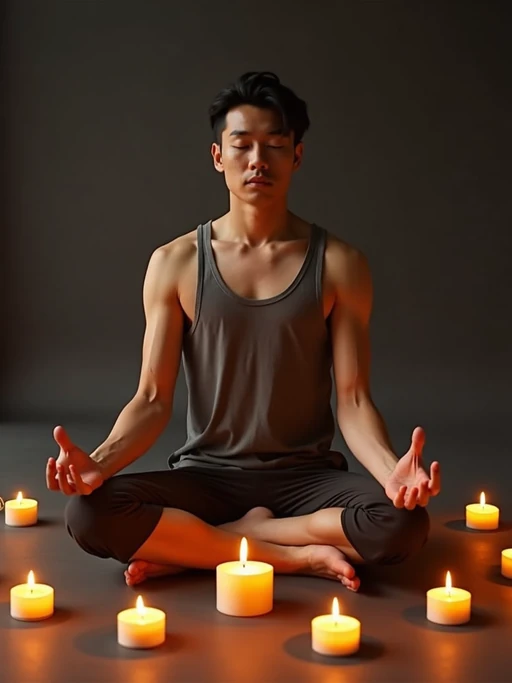model practicing mindfulness surrounded by candles or incense