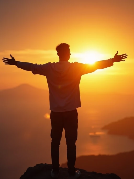 a spiritual seeker model standing with outstretched armsat sunrise