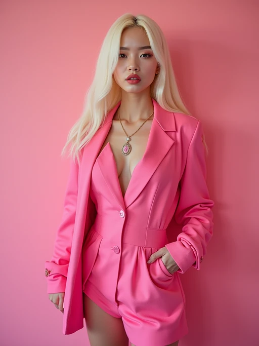 full body shot of sexy model dressed up in full hot pink with Barbie clothes platinum blonde hair, hot pink style