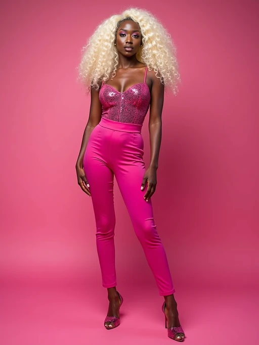 full body shot of sexy model dressed up in full hot pink with Barbie clothes platinum blonde hair, hot pink style