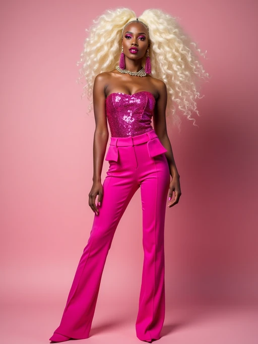 full body shot of sexy model dressed up in full hot pink with Barbie clothes platinum blonde hair, hot pink style