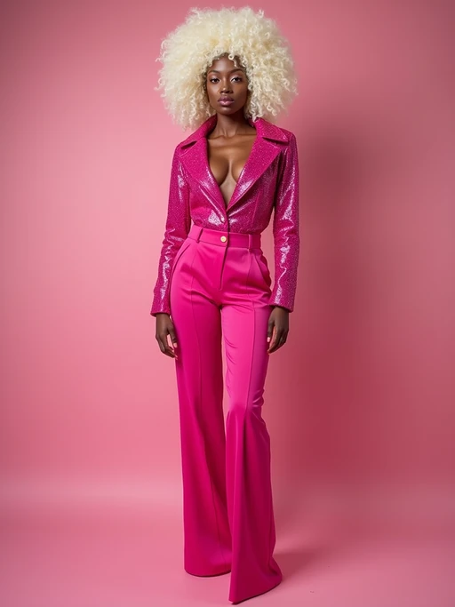 full body shot of sexy model dressed up in full hot pink with Barbie clothes platinum blonde hair, hot pink style