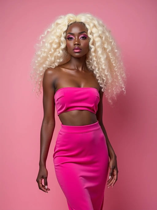 full body shot of sexy model dressed up in full hot pink with Barbie clothes platinum blonde hair, hot pink style