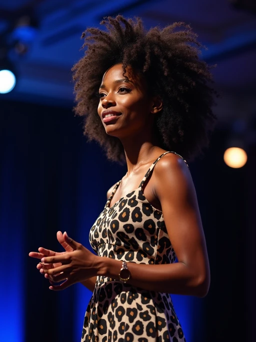 model as a conference keynote speaker standing on stage at a conference