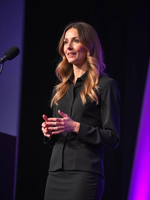 model as a conference keynote speaker standing on stage at a conference