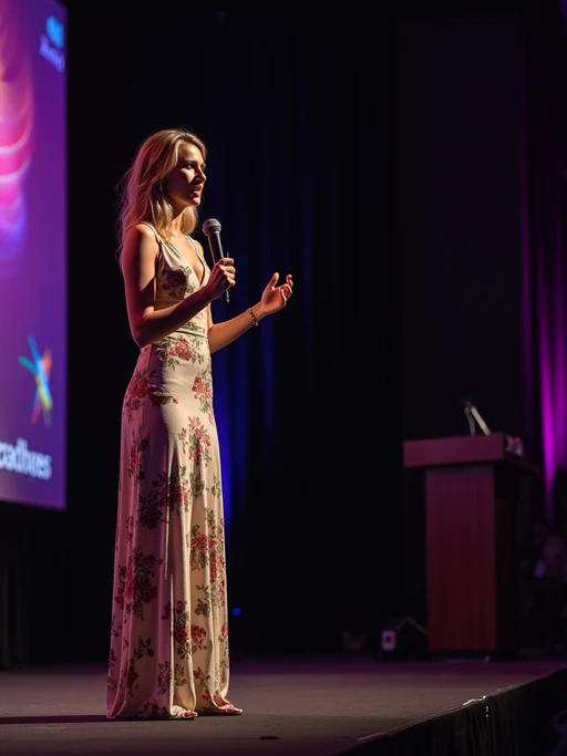 model as a conference keynote speaker standing on stage at a conference