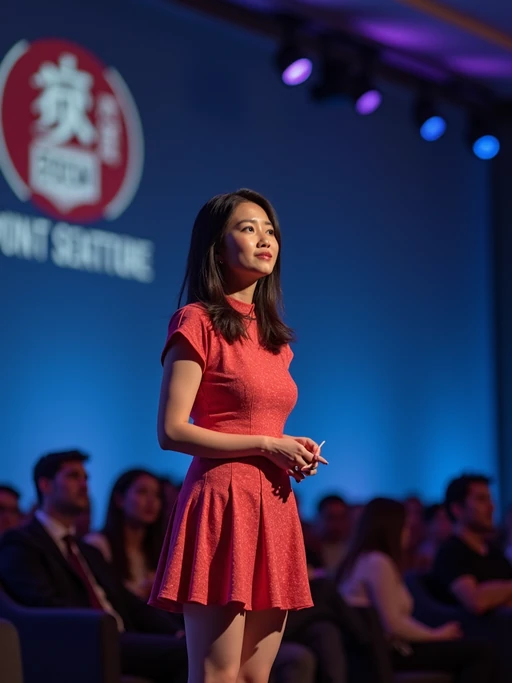 model as a conference keynote speaker standing on stage at a conference