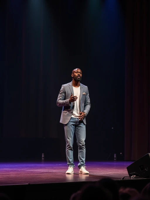 model as a conference keynote speaker standing on stage at a conference