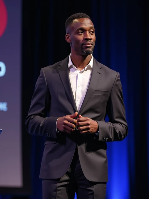model as a conference keynote speaker standing on stage at a conference