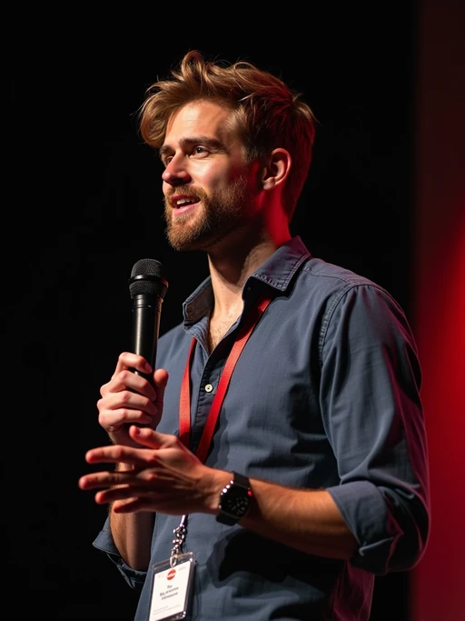 tech conference speaker model holding microphone with lanyard around his neck