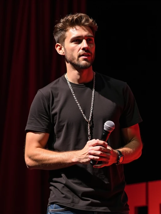 tech conference speaker model holding microphone with lanyard around his neck
