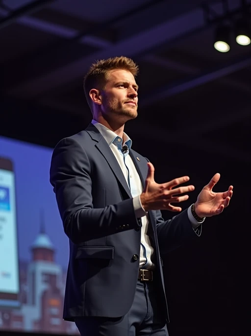 model as a conference keynote speaker standing on stage at a conference