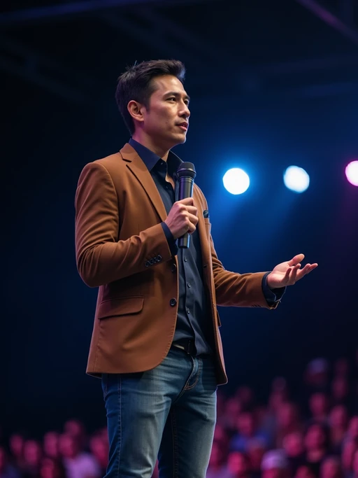 model as a conference keynote speaker standing on stage at a conference