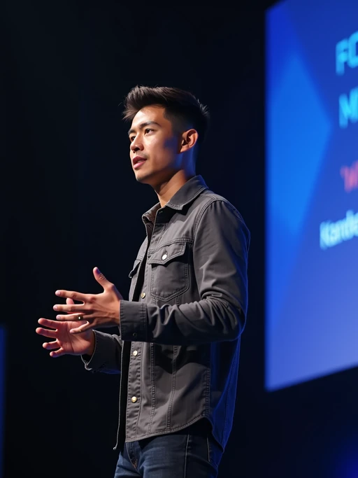 model as a conference keynote speaker standing on stage at a conference