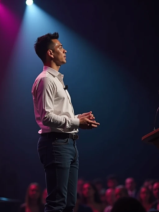 model as a conference keynote speaker standing on stage at a conference