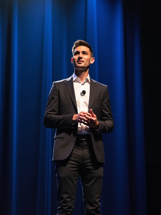 model as a conference keynote speaker standing on stage at a conference