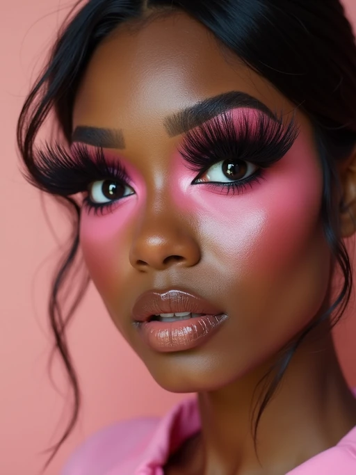 close-up of model showcasing an Korean-style manga makeup look on model, featuring oversized, dramatically long eyelashes that create a wide-eyed, whimsical appearance. The look is completed with bold, graphic eyeliner and a subtle blush to enhance the youthful and playful vibe. set against a soft, pastel background