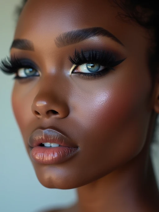 close up of model with heavy smokey eye makeup, fake big eyelashes with lash lift.  dark black eyeshadow and thick eyeliner. contoured eyebrows. glossy reflective lipgloss. blue eye lenses. set against a soft, pastel background.