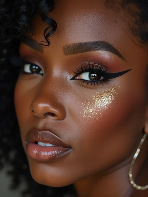 close up of model with thick eyeliner makeup