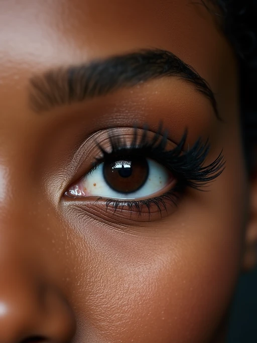 close up of model with thick eyeliner makeup. eyeliner above eye. star eye lashes