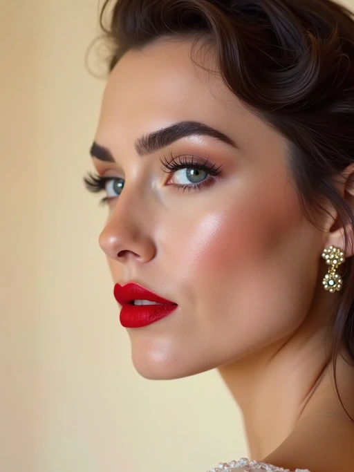 close-up of Elegant profile shot of a model with classic Hollywood makeup, featuring bold eyebrows and red lips. set against a soft, pastel background