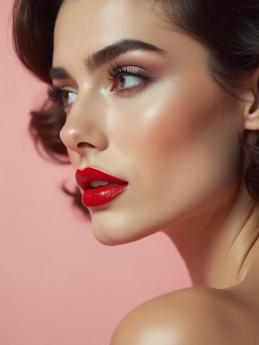 close-up of Elegant profile shot of a model with classic Hollywood makeup, featuring bold eyebrows and red lips. set against a soft, pastel background