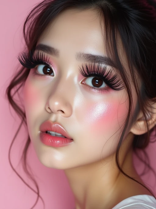 close-up of model showcasing an Korean-style manga makeup look on model, featuring oversized, dramatically long eyelashes that create a wide-eyed, whimsical appearance. The look is completed with bold, graphic eyeliner and a subtle blush to enhance the youthful and playful vibe. set against a soft, pastel background