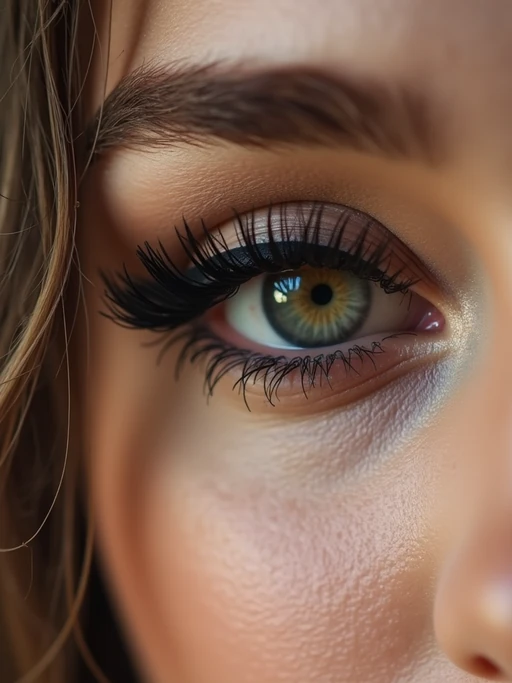 close up of model with thick eyeliner makeup. eyeliner above eye. star eye lashes