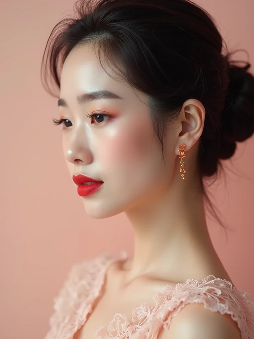 close-up of Elegant profile shot of a model with classic Hollywood makeup, featuring bold eyebrows and red lips. set against a soft, pastel background