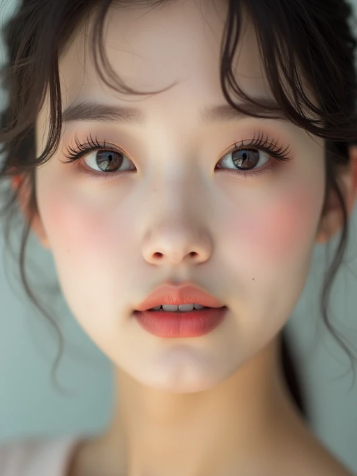 close-up of Beauty shot of model featuring dewy skin, natural makeup look with nude lips and fluttery lashes. set against a soft, pastel background
