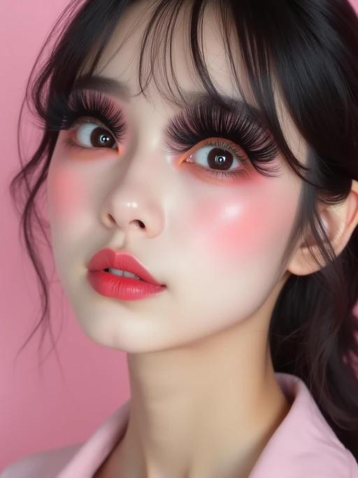 close-up of model showcasing an Korean-style manga makeup look on model, featuring oversized, dramatically long eyelashes that create a wide-eyed, whimsical appearance. The look is completed with bold, graphic eyeliner and a subtle blush to enhance the youthful and playful vibe. set against a soft, pastel background