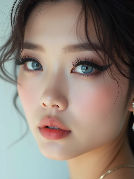 close up of model with heavy smokey eye makeup, fake big eyelashes with lash lift.  dark black eyeshadow and thick eyeliner. contoured eyebrows. glossy reflective lipgloss. blue eye lenses. set against a soft, pastel background.