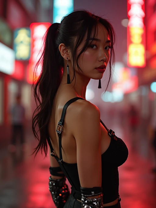 a detailed portrait of intelligent model actress standing in street wearing stockings garter straps suspenders lingerie pvc latex lingerie, in a cyberpunk bladerunner vaporwave city, (cyberpunk), city from year 2300, red lights neon with prosthetic robot arm cybernetic