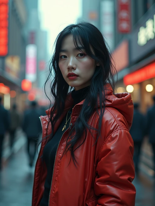 a detailed portrait of hot sexy model actress wearing jacket, standing in street pose for photo, confident, in a cyberpunk bladerunner vaporwave city, (cyberpunk), city from year 2300