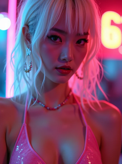 model with platinum blonde hair, in neon bar, cyberpunk, pink latex bikini or bathing suit, professional award winning photography, beautiful detailed eyes, highly detailed glossy eyes, high detailed skin, skin pores