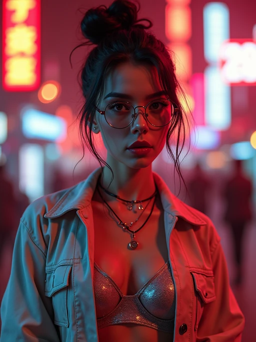 a detailed portrait of intelligent model actress with thin frame hipster glasses wearing silver bikini and jacket, in a cyberpunk bladerunner vaporwave city, (cyberpunk), city from year 2300, red lights neon, 90s hair bun style, 
