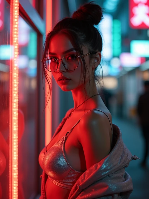 a detailed portrait of intelligent model actress with thin frame hipster glasses wearing silver bikini and jacket, in a cyberpunk bladerunner vaporwave city, (cyberpunk), city from year 2300, red lights neon, 90s hair bun style, 