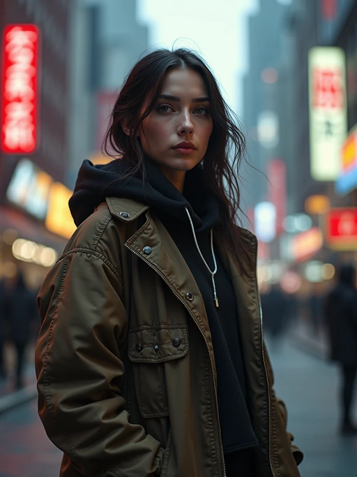 a detailed portrait of hot sexy model actress wearing jacket, standing in street pose for photo, confident, in a cyberpunk bladerunner vaporwave city, (cyberpunk), city from year 2300