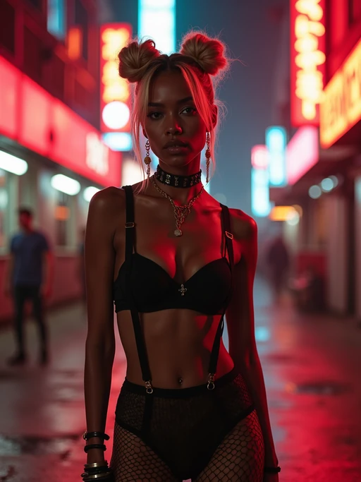 a detailed portrait of intelligent model actress standing in street wearing fishnet stockings garter straps suspenders black lingerie silk lingerie black, in a cyberpunk bladerunner vaporwave city, (cyberpunk), city from year 2300, red lights neon, blonde double hair bun