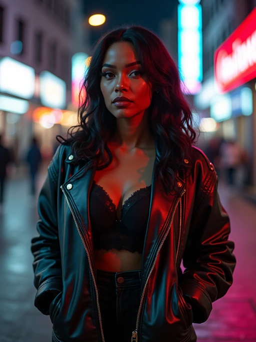 a detailed portrait of hot sexy model actress wearing jacket, standing in street pose for photo, confident, in a cyberpunk bladerunner vaporwave city, (cyberpunk), city from year 2300