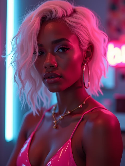 model with platinum blonde hair, in neon bar, cyberpunk, pink latex bikini or bathing suit, professional award winning photography, beautiful detailed eyes, highly detailed glossy eyes, high detailed skin, skin pores