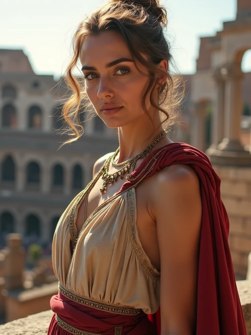if(gender=f){stunning and historical} if(gender=m){grand and historical} model in Rome wearing a traditional Roman stola/toga, Colosseum in the background