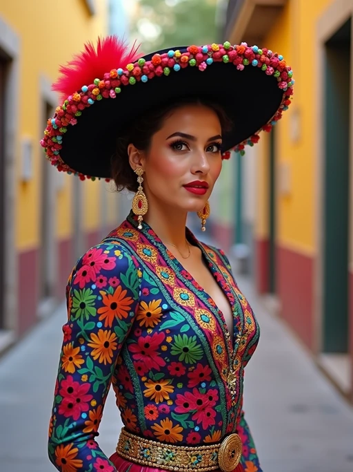 if(gender=f){colorful and cultural} if(gender=m){bold and cultural} model in Mexico City wearing a traditional charro suit/china poblana, Frida Kahlo Museum in the background