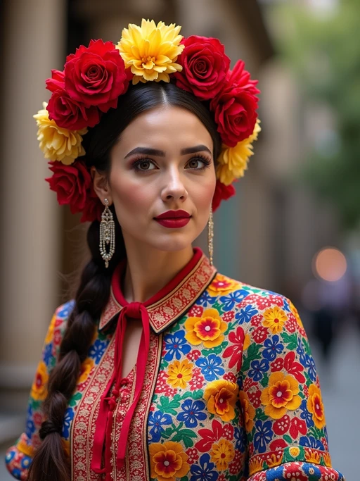 if(gender=f){colorful and cultural} if(gender=m){bold and cultural} model in Mexico City wearing a traditional charro suit/china poblana, Frida Kahlo Museum in the background