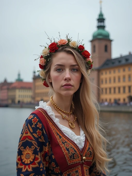 if(gender=f){traditional} if(gender=m){dignified and traditional} model in Stockholm wearing a Swedish folkdräkt, Stockholm Palace in the background
