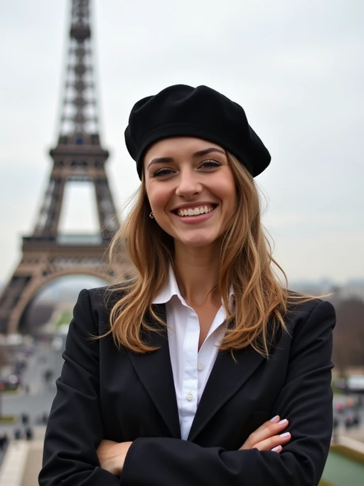 if(gender=f){stylish and sophisticated} if(gender=m){polished and traditional} model in Paris wearing a traditional Breton shirt and beret, Eiffel Tower in the background